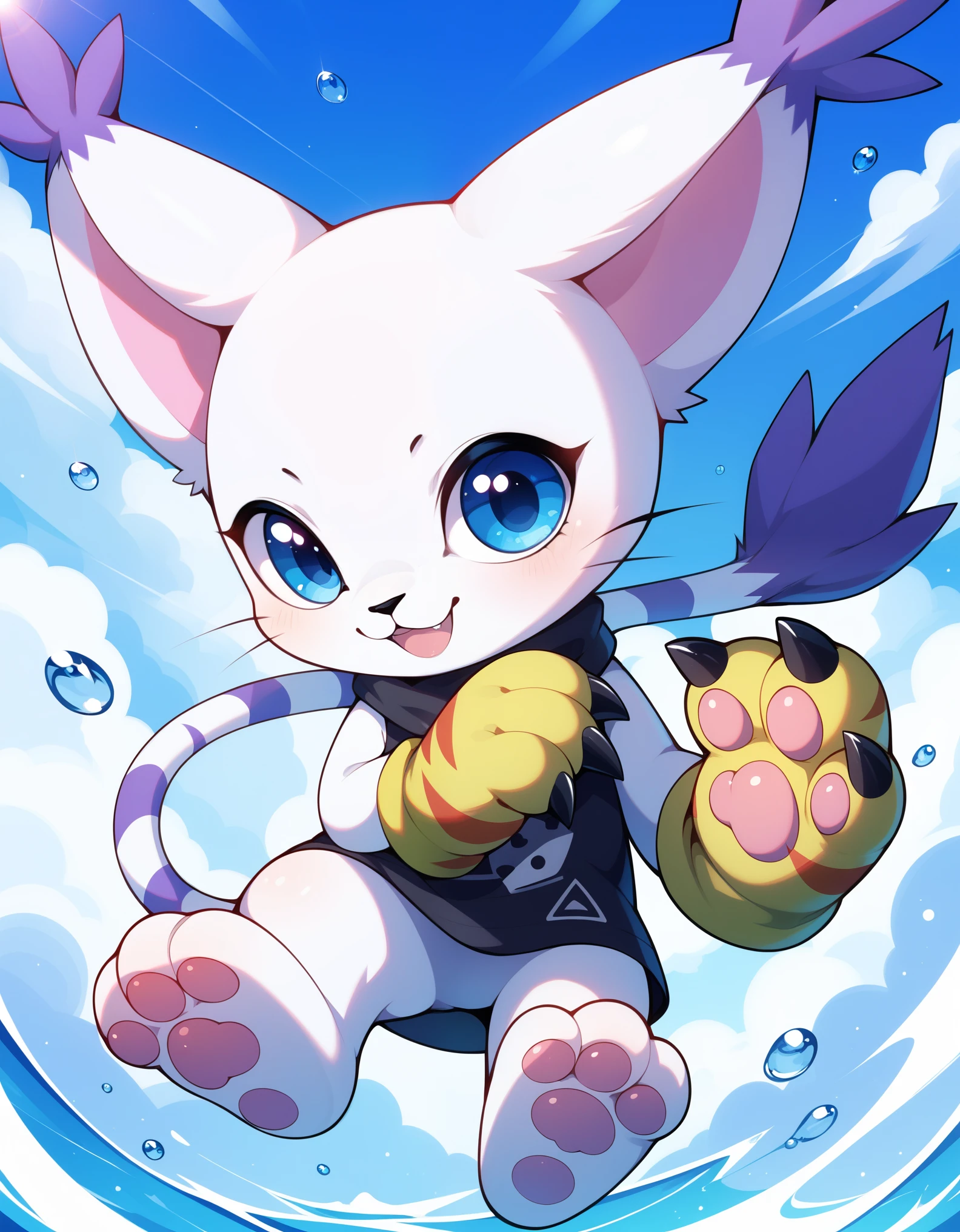 gatomon, feral, (digimon), solo, looking at viewer, blue eyes, white fur, striped tail, gloves, paw gloves, pawpads,,