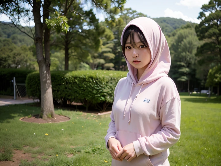 Super realistic, hdr, 4k, detailed, Hijab, Japanese girl, glow skin, sad face, forest, pink Hoodie