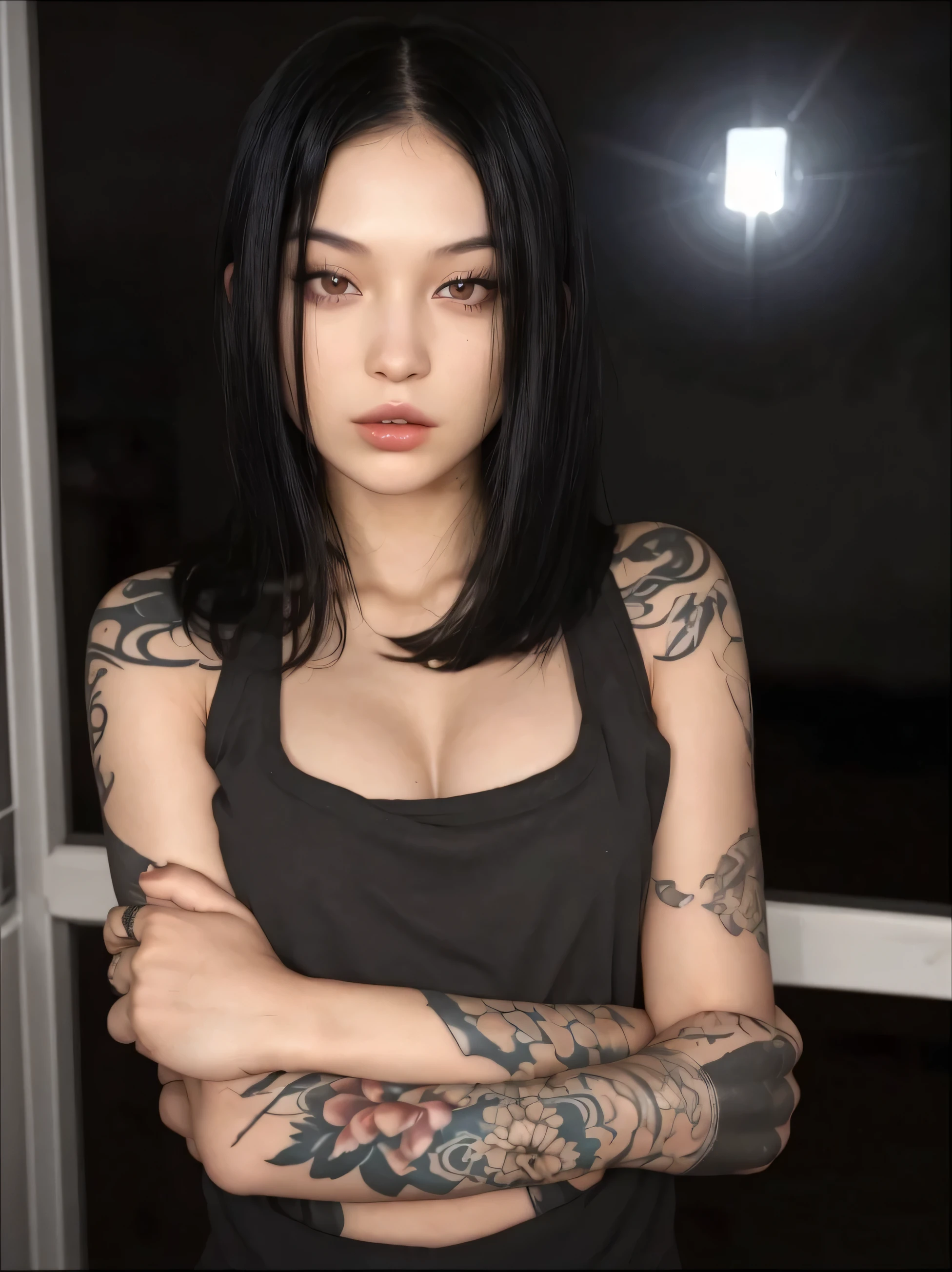 Beautiful Asian white girl with black hair and tattoos on her body