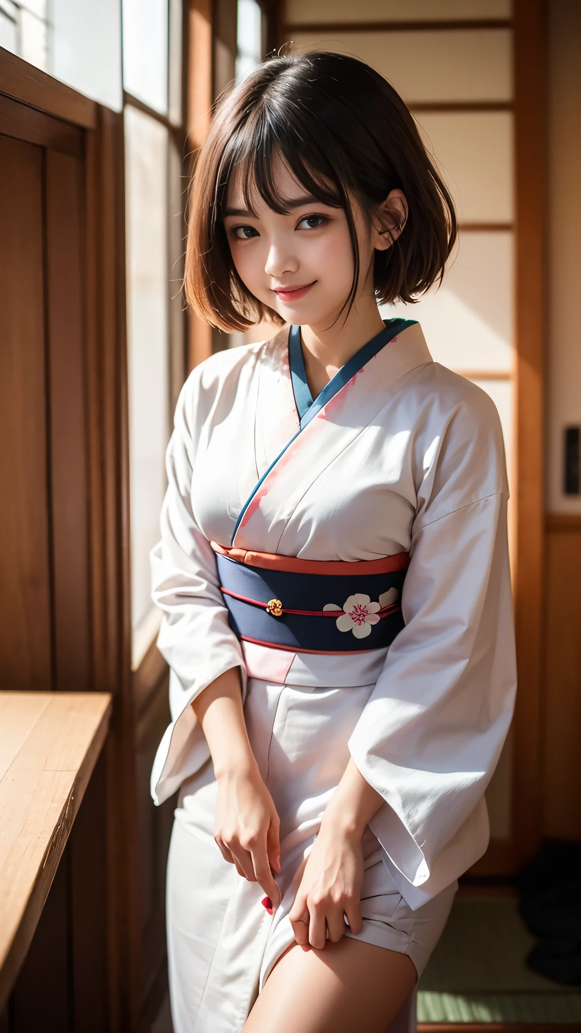 (((A single photo:1.2))), ((A beautiful girl in a cute kimono is responding in the room:1.4)), ((性欲の強いhigh school girl:1.4)), (Short Hair), (8k, RAW Photos, Highest quality, masterpiece:1.2), Looking at the audience, Viewed from the front, Beautiful white skin, knees, Absurd face is small, Part your bangs down the middle, The forehead is visible, Glare, ((Cute and mischievous face:1.3)), Ultra-high resolution, ((I can't wear underwear)), ((Slender and erotic body line)), (Outstanding proportions), high school girl, (Idolフェイス:1.2, Baby Face:1.65), Japanese women, Are standing, (Photorealistic:1.37), Photon Mapping, Realistic, Cute and small face, Brown eyes, prospect, Written boundary depth, Blurred Background, (I can see the bangs), Silky smooth hair, (Firm stomach:1.3), (Beautiful and slim thighs:1.4), (Small beautiful butt:1.2), (Curved waist), thigh, Nogizaka idol, Idol, (Detailed hands:1.4, Accurate hands:1.4, Beautiful little hands of a girl:1.3, Beautifully crafted with attention to detail:1.3), (Firm and beautiful breasts:1.3, Fascinating Cleavage:1.2), Super quality, Low people, (Clear white skin, Skin with visible pores), (Focus on the face), Check and correct the garment construction, (Perfect Anatomy:1.4), (Detailed eyes and face:1.3, Professional photography techniques), (Detailed arms and legs:1.4), (View the viewer, blush:1.3)