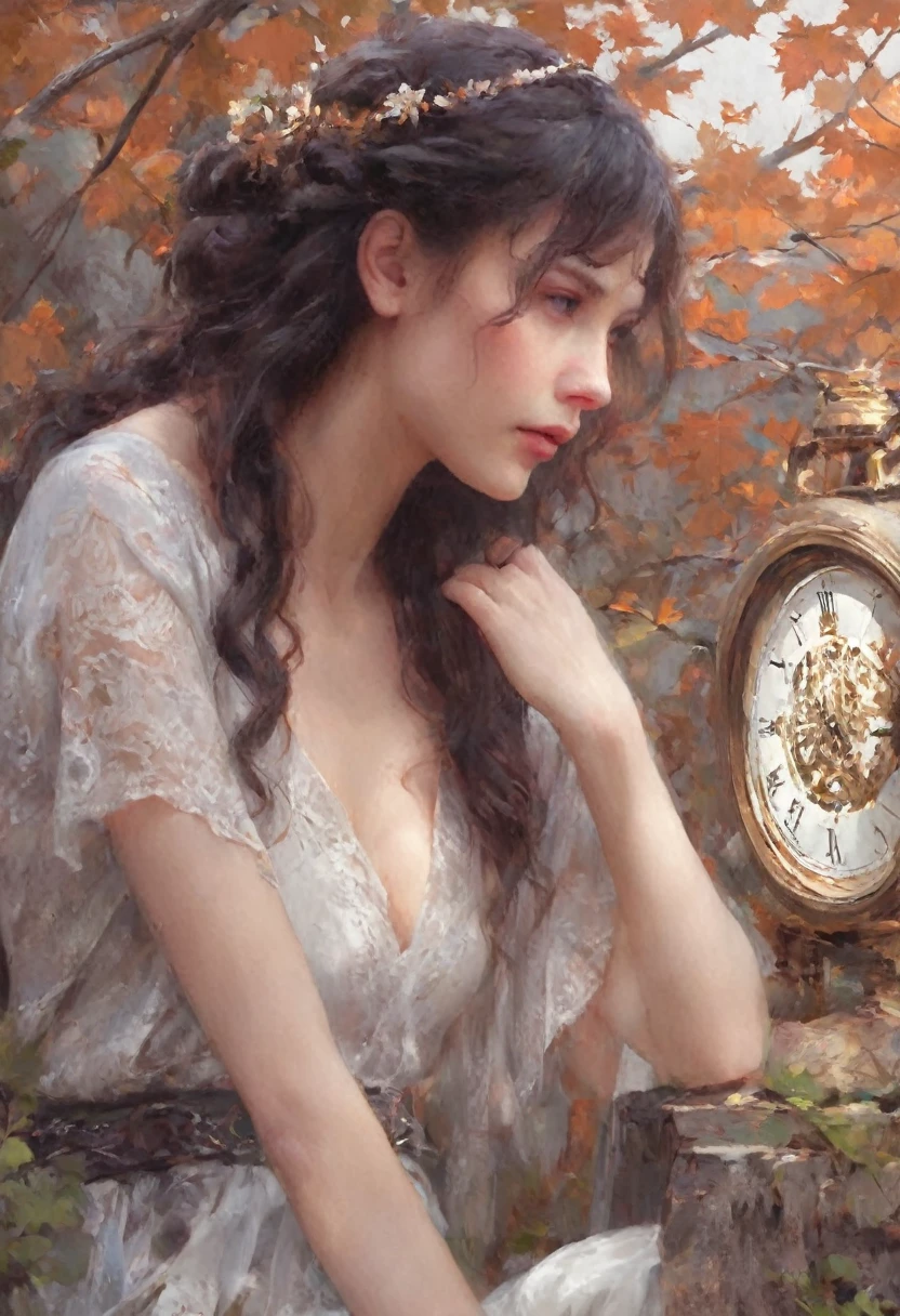 (Best Quality,4k,8K,hight resolution,Masterpiece:1.2),Ultra-detailed,(Realistic,Photorealistic,photo-realistic:1.37),oil painting,Omar Rayyan ,Beautiful detailed girl,sitting on a bench,Holding a flower,Klimt,many,Emil Vernons,illustartion,Shiny texture,Lush garden,Natural sunlight,dreamy atmosphere,bright colours,Graceful posture,Detailed facial features,curly hair,Delicate brushstrokes,Exquisite dress,Feminine elegance,artistic interpretation,Fantasy elements,Subtle emotions,Unearthly beauty,wistful expression,harmonious composition,Impressionistic style,Gold accents,ornate patterns。Ulzzang-6500, (realistic: 1.3) (original: 1.2), masterpiece, best quality, hibiscus flower blooming on a gnarled branch on a gray background, fractal mandala background, in light orange and light beige style, minimalist images, photographic installations. , paleocore, green and crimson, hyperrealistic, poetic intimacy. masterpiece, best quality, colorful, LLTH, best quality, beautiful naked forest goddess, expressive eyes, perfect face, highly detailed, high resolution, (masterpiece), best quality, perfect face, 1 sexy girl dressed in forest, flowers , leaves, mandalas, fractal, girl in the forest, forest goddess, old antique clock floating, lamp hanging from tree, full body, black hair fused with gold, transparent clothing, open legs, view of pubic hair, 1 sexy girl with see-through forest clothing,small exposed breasts, see-through open t-shirt, mandala and flower tattoos, illustration, very delicate and beautiful, very detailed, CG, Unity, 8k wallpaper, huge file size, very wide lens, soft lighting, slight smile, transparent clothing showing naked body, beautiful vagina, vagina with soft hairs, well detailed eyes looking up, latin girl sitting on tree trunk, oil painting, latin tanned skin, full moon night sky, autumn leaves falling, autumn leaves in the wind, black and brown hair, long hair floating in the wind, girl looking at an old clock, nsfw,(( Felicity Jones)), (sensual), (Ex