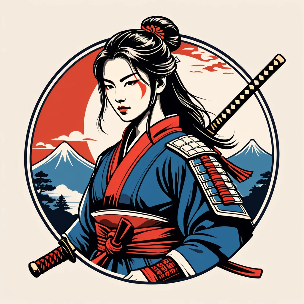 female samurai in french folk outfit ,vector graphics, strong contours, logo design
