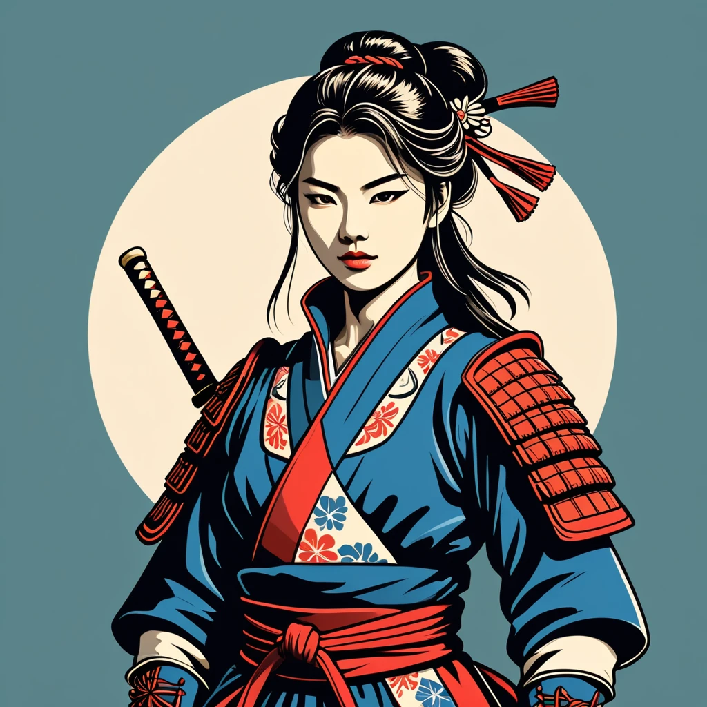 female	samurai	in french folk outfit	,vector graphics, strong contours, logo design																						