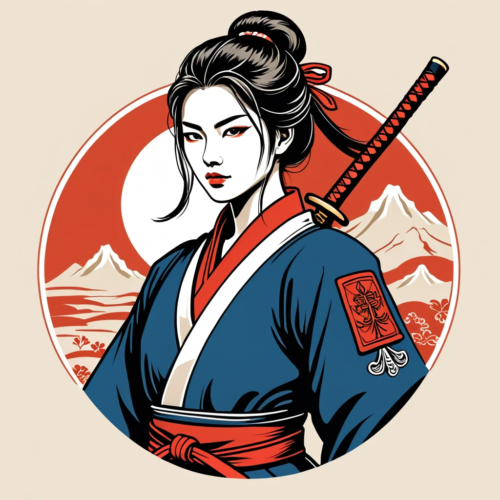 female	samurai	in french folk outfit	,vector graphics, strong contours, logo design																						