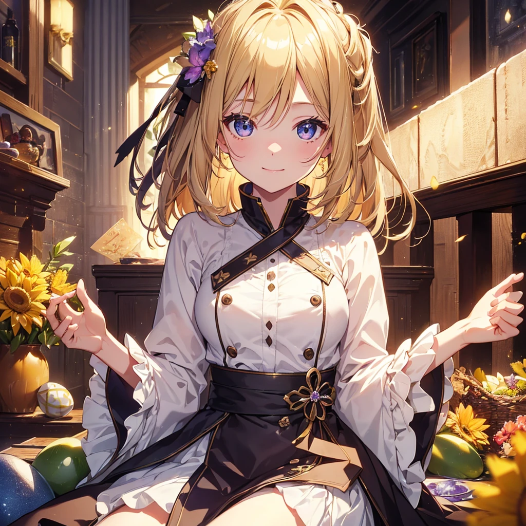 ((Highest quality)), High resolution, 8k, Cinematic Light, High Contrast, Written boundary depth、Joyful expression、Thanksgiving、easter egg、beautiful, Strong brilliance, Detailed Background, Blonde solo girl, cute, fine grain, Shining Eyes, Detailed Iris、