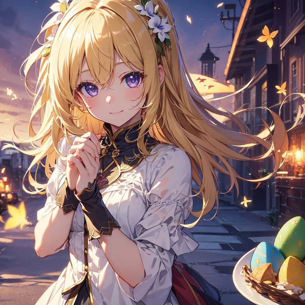 ((Highest quality)), High resolution, 8k, Cinematic Light, High Contrast, Written boundary depth、Joyful expression、Thanksgiving、easter egg、beautiful, Strong brilliance, Detailed Background, Blonde solo girl, cute, fine grain, Shining Eyes, Detailed Iris、