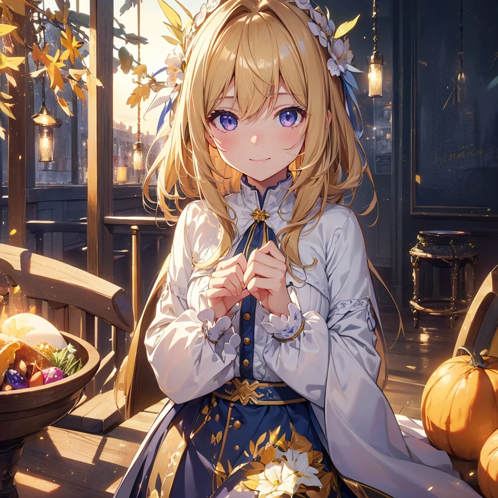 ((Highest quality)), High resolution, 8k, Cinematic Light, High Contrast, Written boundary depth、Joyful expression、Thanksgiving、easter egg、beautiful, Strong brilliance, Detailed Background, Blonde solo girl, cute, fine grain, Shining Eyes, Detailed Iris、