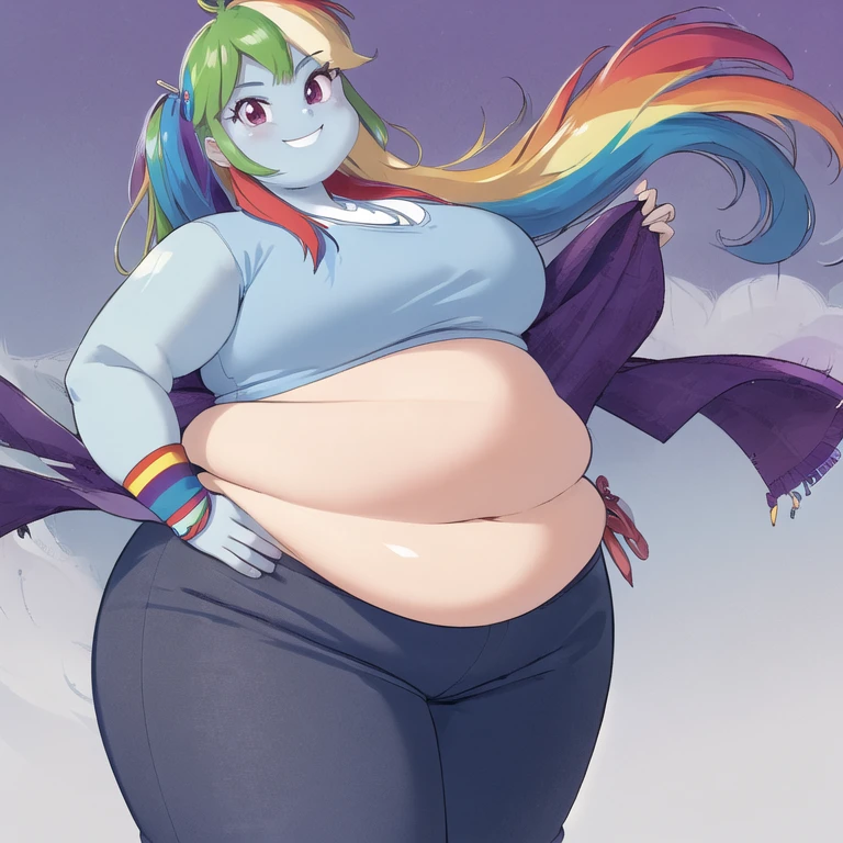 (masterpiece, best quality:1.2), cowboy shot, solo, 1 fat girl, mlpdash, colored skin, blue skin, smile, looking at viewer, hand on hip, rainbow hair, purple eyes, cropped jacket, shirt, pants