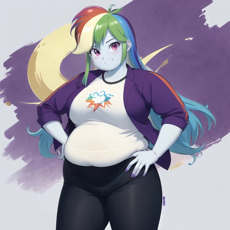(masterpiece, best quality:1.2), cowboy shot, solo, 1 fat girl, mlpdash, colored skin, blue skin, smile, looking at viewer, hand on hip, rainbow hair, purple eyes, cropped jacket, shirt, pants
