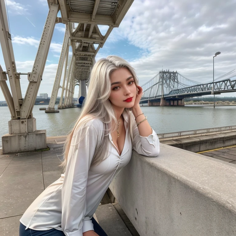 woman sitting on a bench in front of a bridge with a water tower in the background, in savannah, standing on a bridge, pontes roxas com leggins, taken at the beginning of 2020, with a city in the background, standing on the deck of a ship, 24-year-old female, The person being portrayed is a young woman aged 24. She has a natural and healthy appearance, with facial features typical of a young adult. Black Skin Type, with a slight tan, Smooth skin texture without significant imperfections. olhos amendoados, medium-sized. dark brown eye color. Naturally long, dark lashes. Well-defined eyebrows, medium thickness. white  hair, smooth and silky. Hair length to waist. Lightly curl the ends for a natural look. Side part of the hair. calm and confident expression. Soft and natural smile, not very expressive. elegant casual outfit, suitable for a young adult. Lack of accessories or heavy makeup. Bust Big. breasts big. White hair. dark skin color. x-men storm. red lipstick mouth. de corpo inteiro, posing, visiting Docks Station in Belém - PA,