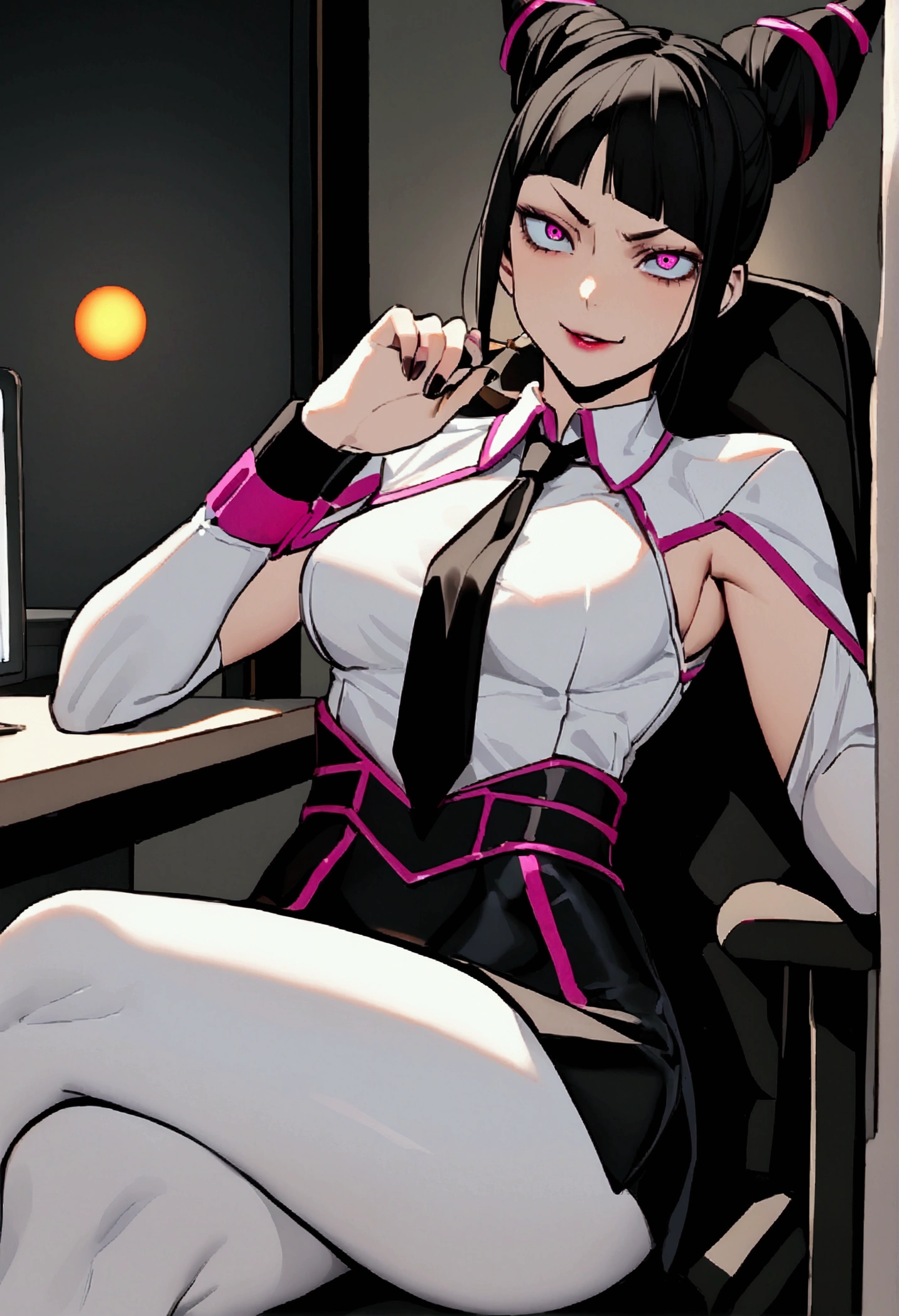 juri han, work of art, tight white secretary shirt with black tie, black high waist skirt, short skirt,stocking, black hair, black tightscary sun,office,bangs on the eyes,Lighting,horn of hair,sitting,cross legs,evil smile
