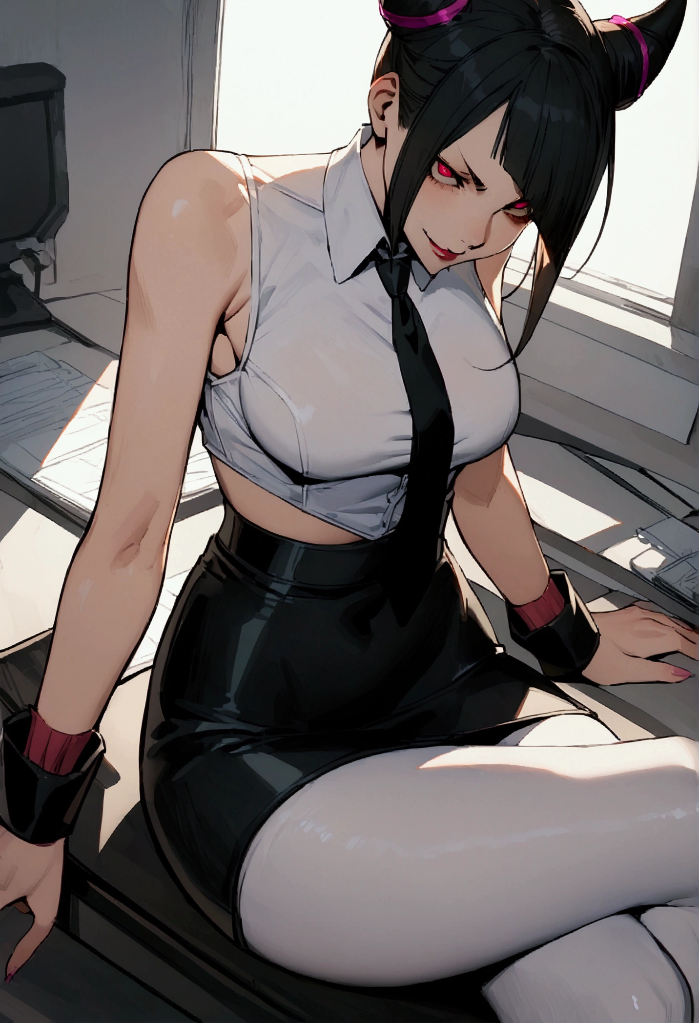 juri han, work of art, tight white secretary shirt with black tie, black high waist skirt, short skirt,stocking, black hair, black tightscary sun,office,bangs on the eyes,Lighting,horn of hair,sitting,cross legs,evil smile