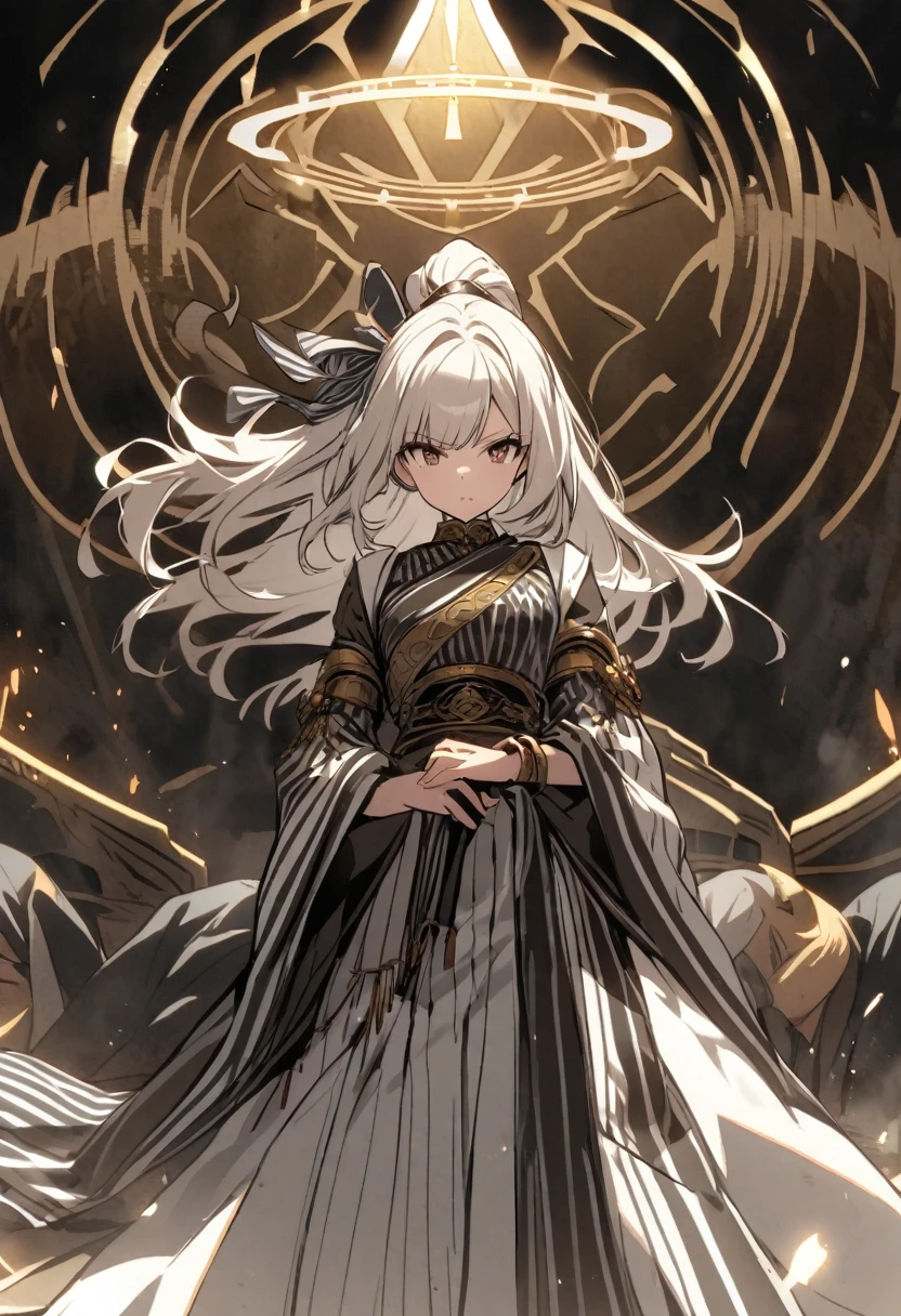 goddess(brown half-up hair, black and white stripe sari, hair-ribbon, brown halo, overseer)