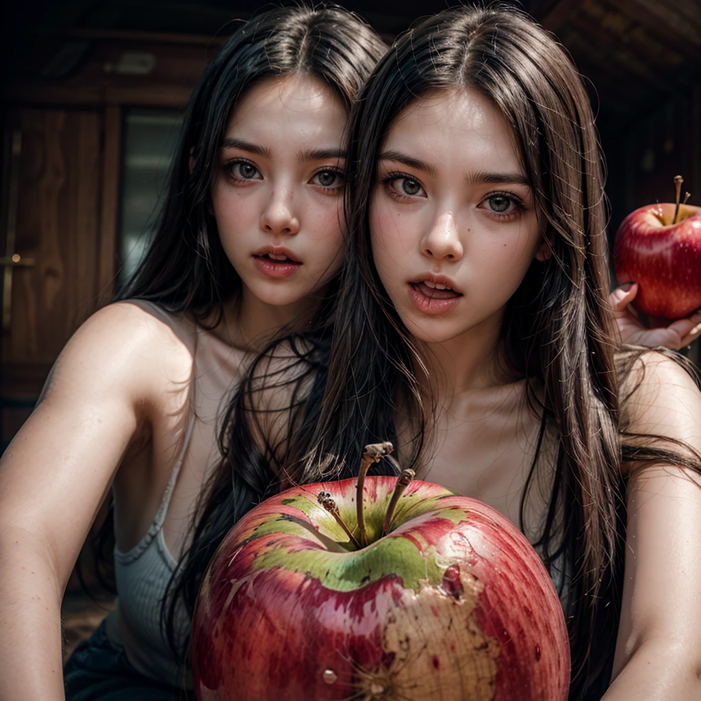 Realistic image of a beautiful young woman in her 20s, with long hair, taking a bite from a red apple.