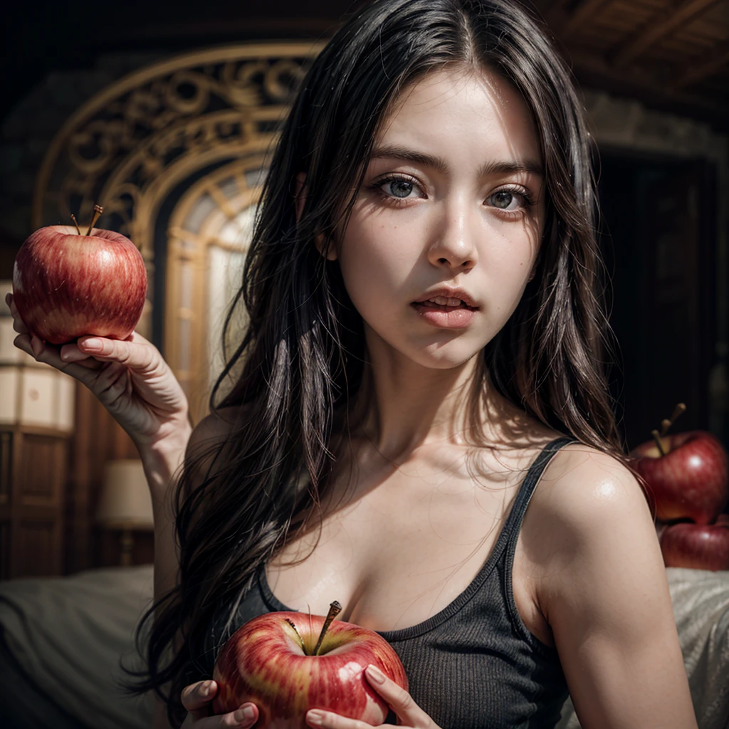 Realistic image of a beautiful young woman in her 20s, with long hair, taking a bite from a red apple.