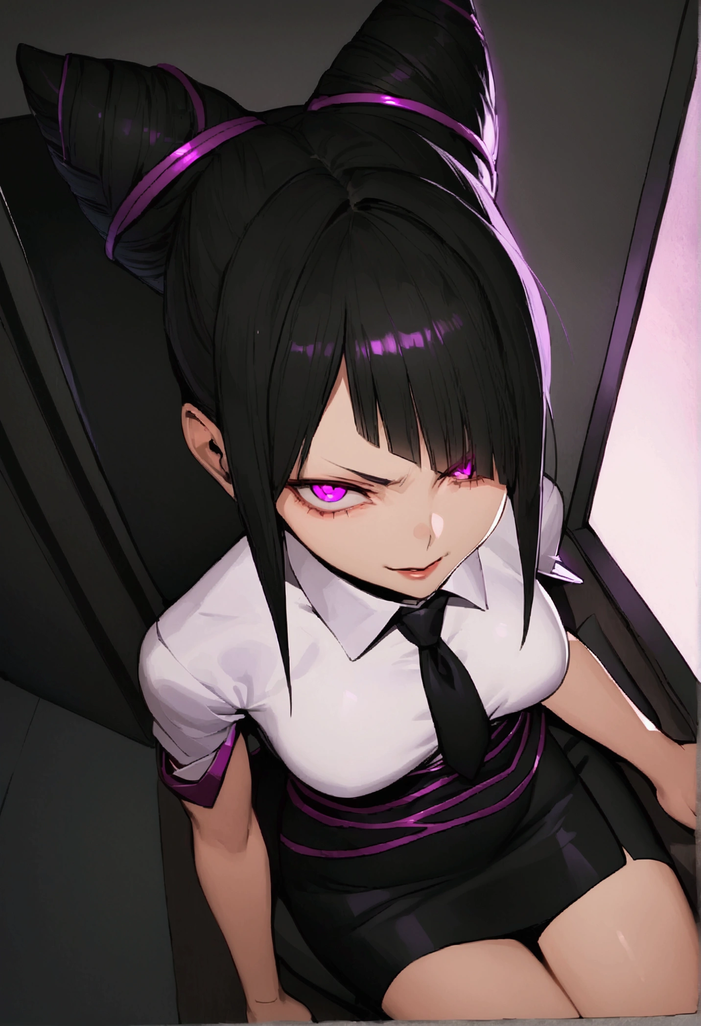 juri han, work of art, tight white secretary shirt with black tie, black high waist skirt, short skirt,stocking, black hair, black tightscary sun,office,bangs on the eyes,Lighting,horn of hair,view from above,staring overhead,evil smile,sitting,cross legs,glowing purple eyes