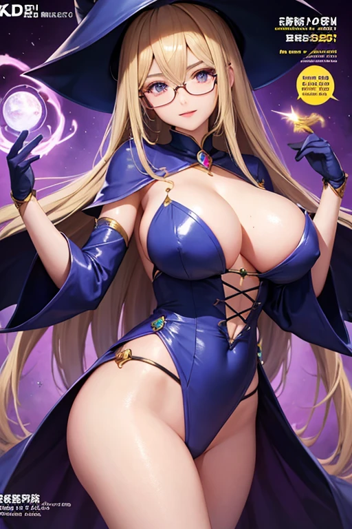 magazine cover, Dark Magician Girl casting a spell, big breasts, sexy pose, glasses