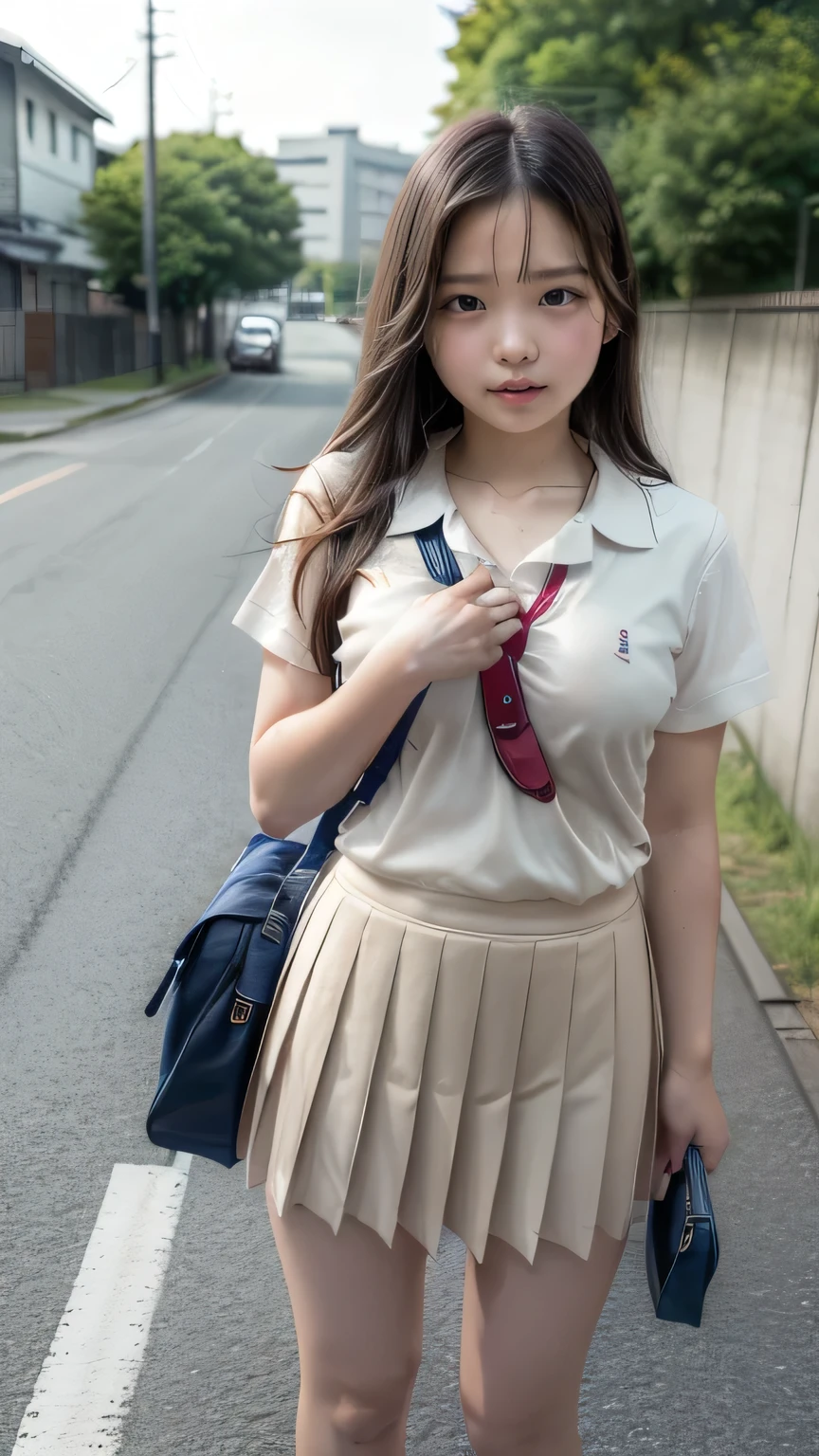 ( girls walking on the streets of Tokyo:1.2、blue sky)、((school uniform、White blouse、Pleated skirt、Navy blue socks、loafers)、(Sports Bags、The strap of the bag passes between the chest、paisla:1.5)、the wind is strong、(Realistic、Like a photograph、Live Action、8k, Realistic, RAW Photos, Best image quality: 1.4), Single-lens reflex camera、RAW Photos, Highest quality, Realistic, Highly detailed CG Unity 8k wallpaper, Written boundary depth, Cinematic Light, Lens flare, Ray Tracing, Realistic background、((Ultra-Dense Skin))、 A 14-year-old girl oher to sol,cute Japanese、(whole body:1.5)、Very detailedな顔，avert your eyes:1.1、(Long Hair:1.2、My hair is blowing in the wind:1.4)、I like that style、stylish、Very detailed、Pay attention to the details、Perfect outfit、(Sunburned skin)、View from above、Accurate hands、Accurate legs、Detailed hands and fingers、Anatomically correct body、Thin legs、Thin thighs、Small breasts