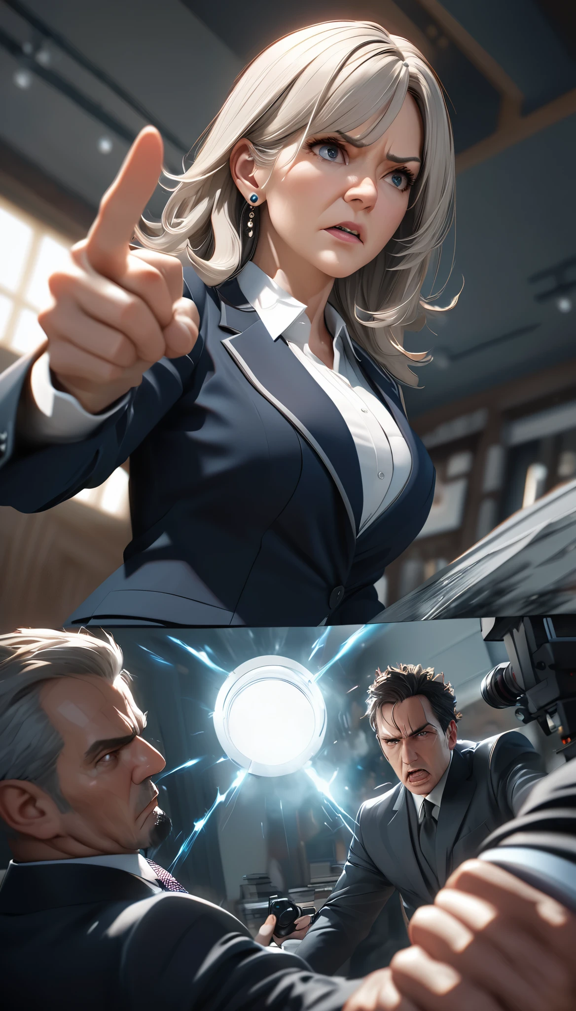 a mature female lawyer in a strict business suit scolding a scruffy-looking defendant, her piercing gaze filled with righteous anger as she points an accusatory finger, the defendant shrinking back in fear, the lawyer determined to prove their guilt with overwhelming evidence, highly detailed 3D CGI octane rendering, photorealistic, cinematic lighting, dramatic camera angle from below, masterpiece, best quality, 8k, ultra-detailed, extremely sharp focus, vivid colors, physically-based rendering, professional illustration