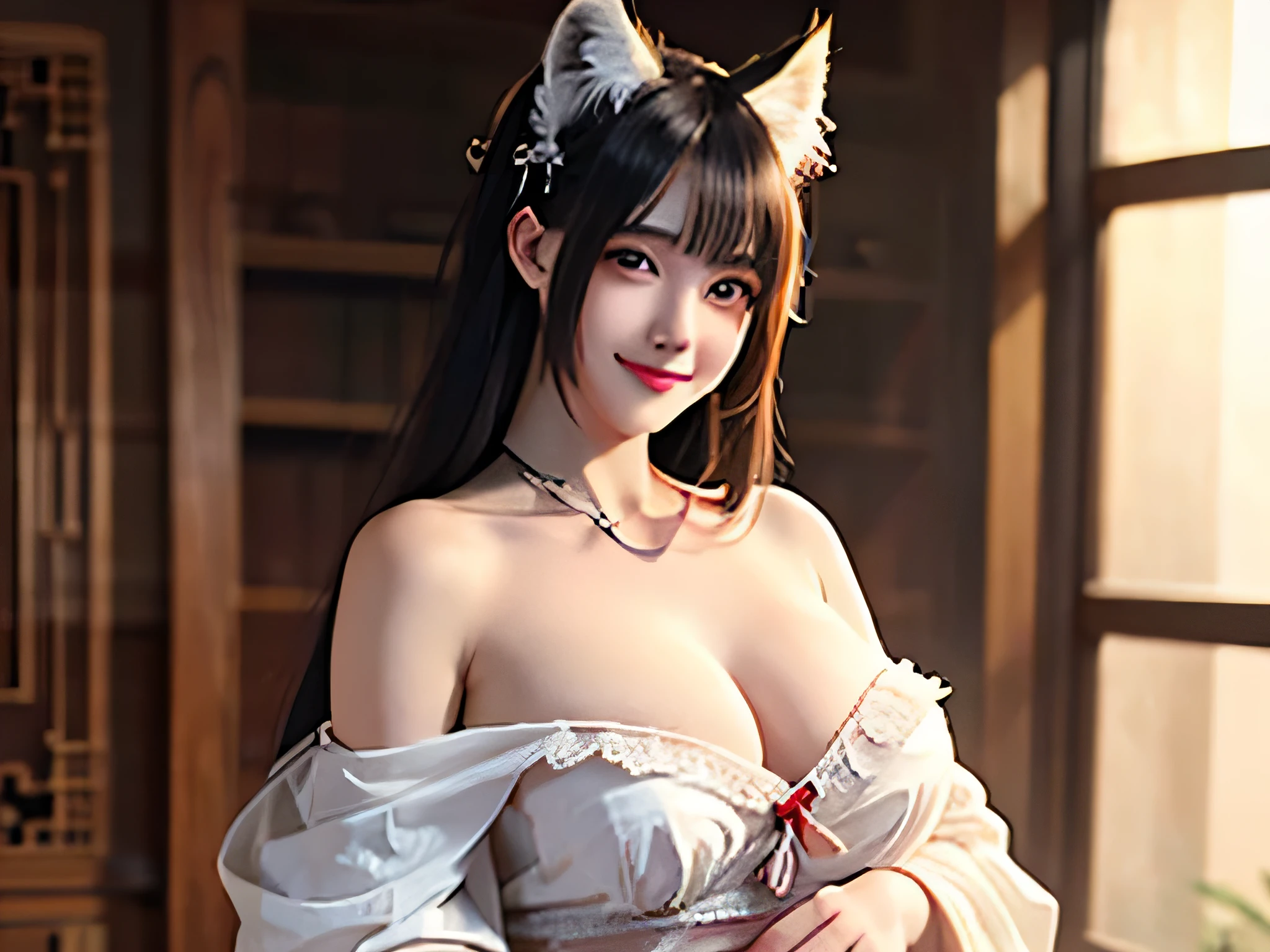 ((best quality)), ((masterpiece)), (detailed), 1 Girl, Off-shoulder ,Smile,Long hair,gentle,Anime style,big eyes,K cup,Revealing clothes,clear nipples,Chinese,Low collar,Fox ears,Mature,Sexy,blush