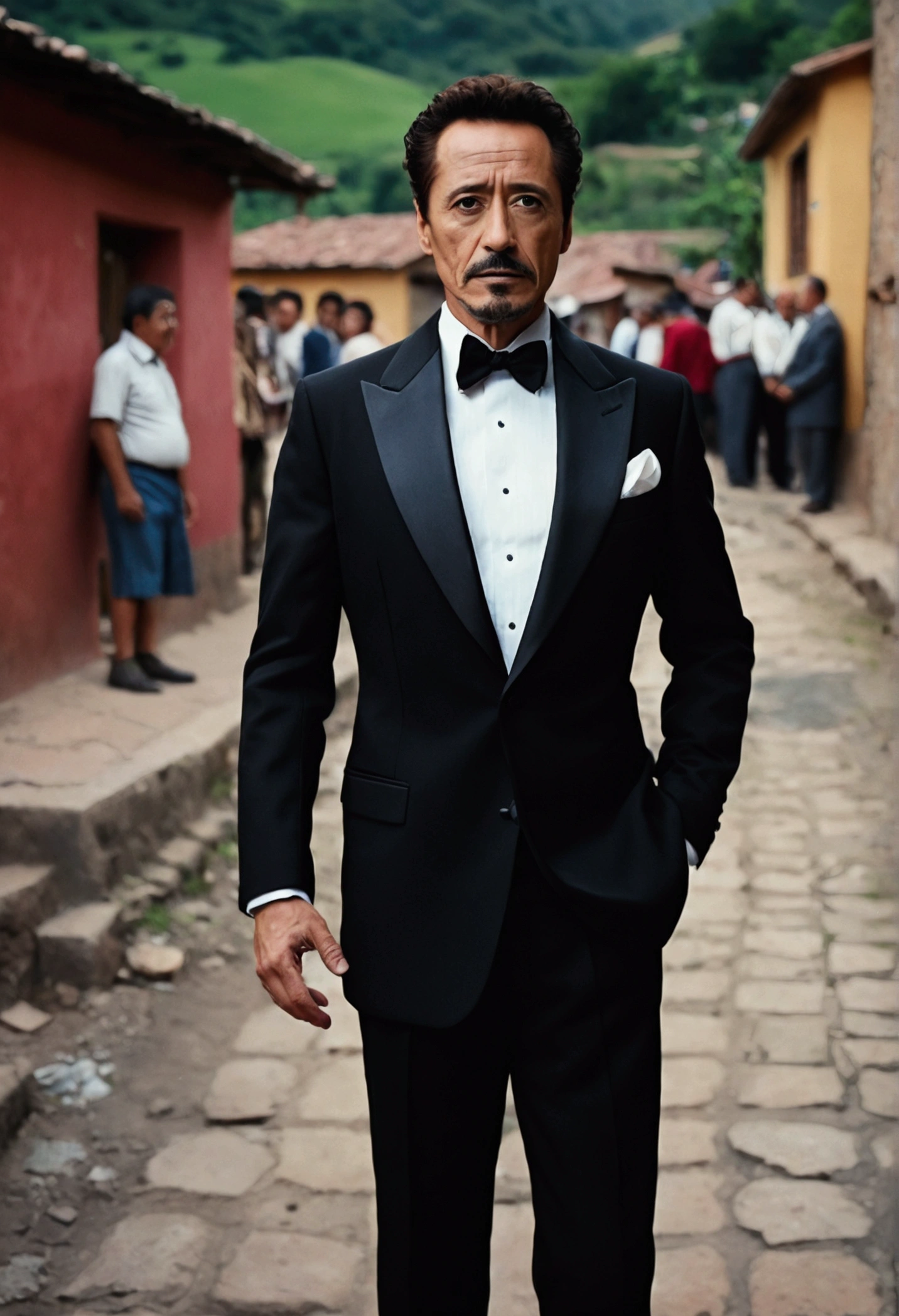 cinematic photo , ElChavodel8Quiron man, a man wearing Tuxedo jacket, . 35mm photograph, film, bokeh, professional, 4k, highly detailed,full body ,in Village of Chavo del Ocho.