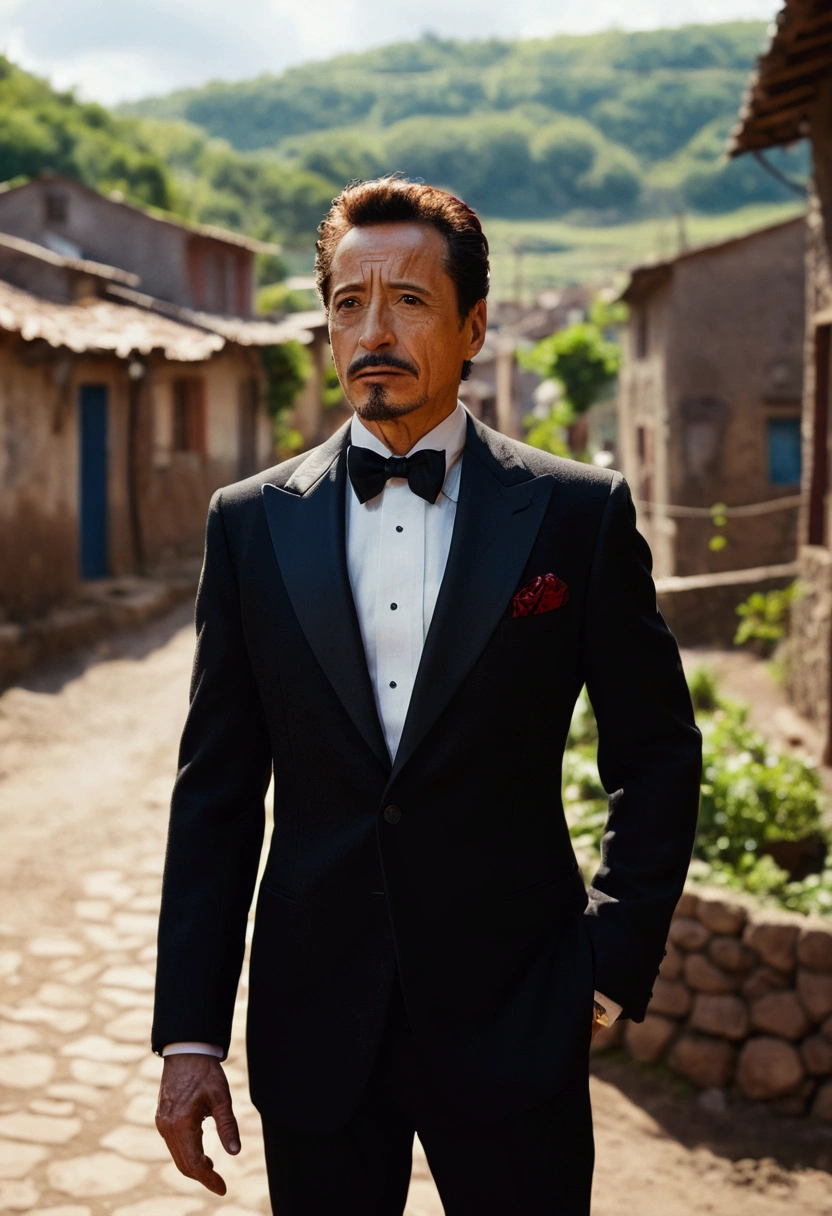 cinematic photo , ElChavodel8Quiron man, a man wearing Tuxedo jacket, . 35mm photograph, film, bokeh, professional, 4k, highly detailed,full body ,in Village of  Chavo del Ocho. 