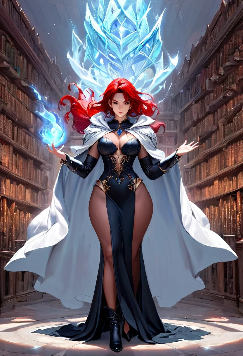 a masterwork picture of a sorceress casting a spell in magical library, exquisite beautiful woman, dynamic hair color, dynamic hair style, ((full body shot: 1.5)), ((anatomically correct: 1.5)),  (ultra detailed face: 1.2), best detailed face,  high details, best quality, 16k, [ultra detailed], masterpiece, best quality, (extremely detailed), full body, ultra wide shot, (ultra details, Masterpiece, best quality), fantasy art, dnd art,fantasy art, realistic art,  (ultra details, Masterpiece, best quality), exquisite beautiful human woman (ultra details, Masterpiece, best quality), red hair, long hair, (long black dress: 1.2), (white cloak: 1.3), high heeled boots (ultra details, Masterpiece, best quality) IceMagicAI, Hyperrealism style, rpg portrait
photograph