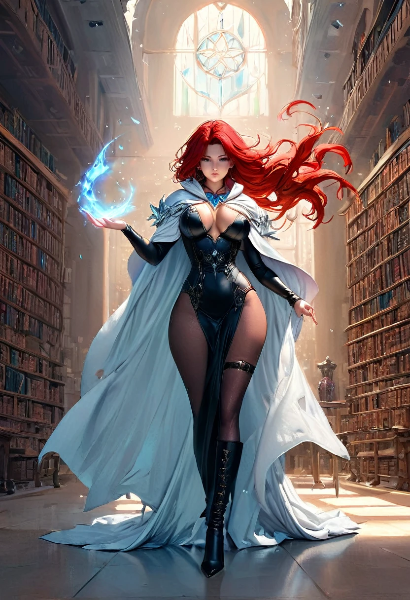 a masterwork picture of a sorceress casting a spell in magical library, exquisite beautiful woman, dynamic hair color, dynamic hair style, ((full body shot: 1.5)), ((anatomically correct: 1.5)),  (ultra detailed face: 1.2), best detailed face,  high details, best quality, 16k, [ultra detailed], masterpiece, best quality, (extremely detailed), full body, ultra wide shot, (ultra details, Masterpiece, best quality), fantasy art, dnd art,fantasy art, realistic art,  (ultra details, Masterpiece, best quality), exquisite beautiful human woman (ultra details, Masterpiece, best quality), red hair, long hair, (long black dress: 1.2), (white cloak: 1.3), high heeled boots (ultra details, Masterpiece, best quality) IceMagicAI, Hyperrealism style, rpg portrait
photograph