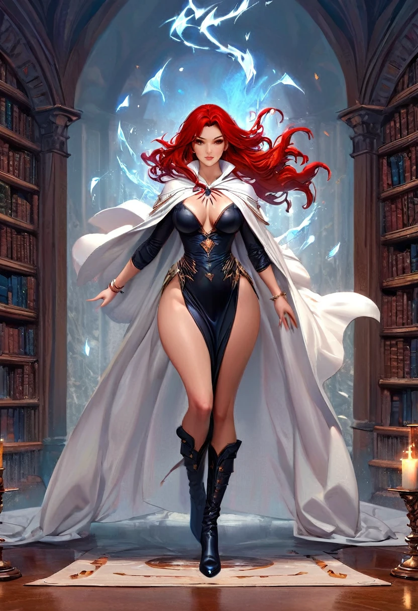 a masterwork picture of a sorceress casting a spell in magical library, exquisite beautiful woman, dynamic hair color, dynamic hair style, ((full body shot: 1.5)), ((anatomically correct: 1.5)),  (ultra detailed face: 1.2), best detailed face,  high details, best quality, 16k, [ultra detailed], masterpiece, best quality, (extremely detailed), full body, ultra wide shot, (ultra details, Masterpiece, best quality), fantasy art, dnd art,fantasy art, realistic art,  (ultra details, Masterpiece, best quality), exquisite beautiful human woman (ultra details, Masterpiece, best quality), red hair, long hair, (long black dress: 1.2), (white cloak: 1.3), high heeled boots (ultra details, Masterpiece, best quality) IceMagicAI, Hyperrealism style, rpg portrait
photograph