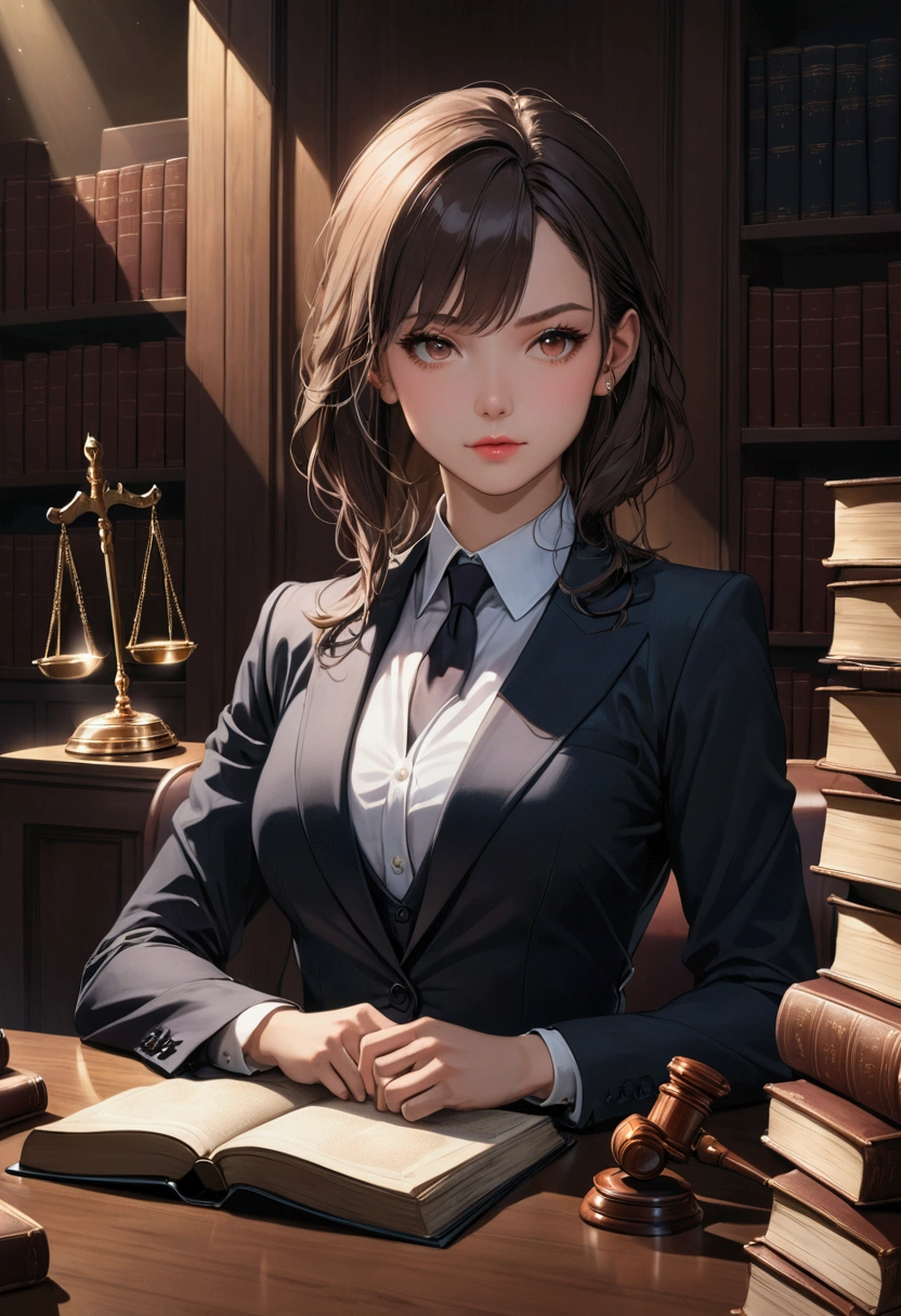 1girl, Lawyer, a lawyer in a courtroom, elegant formal suit, confident and professional expression, dramatic lighting, law books and documents in the background, cinematic composition, 8k, high quality, masterpiece, best quality, very aesthetic, absurdres