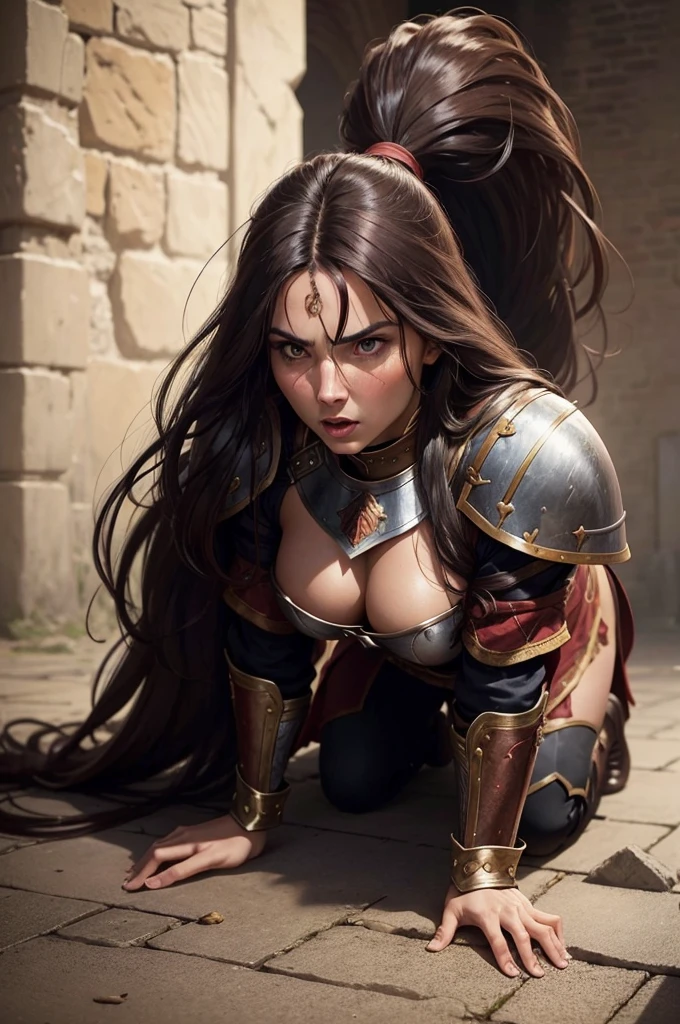 1womanl, Brunetette, blackquality hair, long hair to the floor, warrior with sword, breastplates, tense facial expression, standing on all fours, throwing your hair