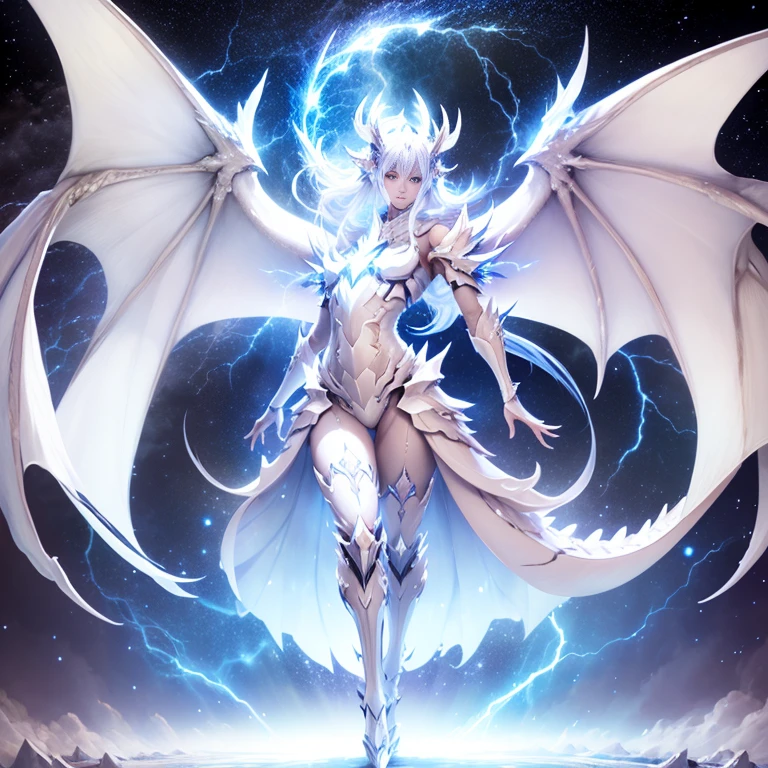 full body, light white fantasy dragon, long horns, large white wings, blue stars energy behind, blue shooting star, white lightning, white storm, flying in the universe