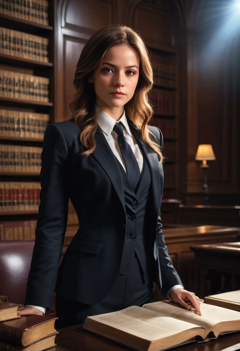 1girl, Lawyer, a lawyer in a courtroom, elegant formal suit, confident and professional expression, dramatic lighting, law books and documents in the background, cinematic composition, 8k, high quality, masterpiece, best quality, very aesthetic, absurdres
