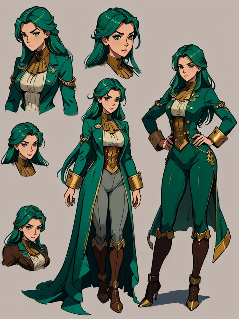 (masterpiece, best quality, character design plug, character reference sheet, concept art, same character, detailed face, super detailed, advanced details, highest quality, high resolution, 8K) full body female wearing a emerald green, red and gold futuristic capitain navigator pirate steampunk clothes, ocean theme, long hair, light grey background color