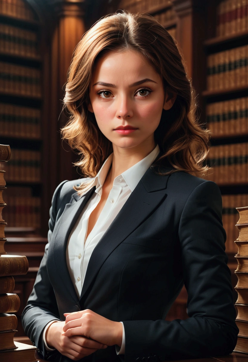 1girl, Lawyer, a lawyer in a courtroom, elegant formal suit, confident and professional expression, dramatic lighting, law books and documents in the background, cinematic composition, 8k, high quality, masterpiece, best quality, very aesthetic, absurdres