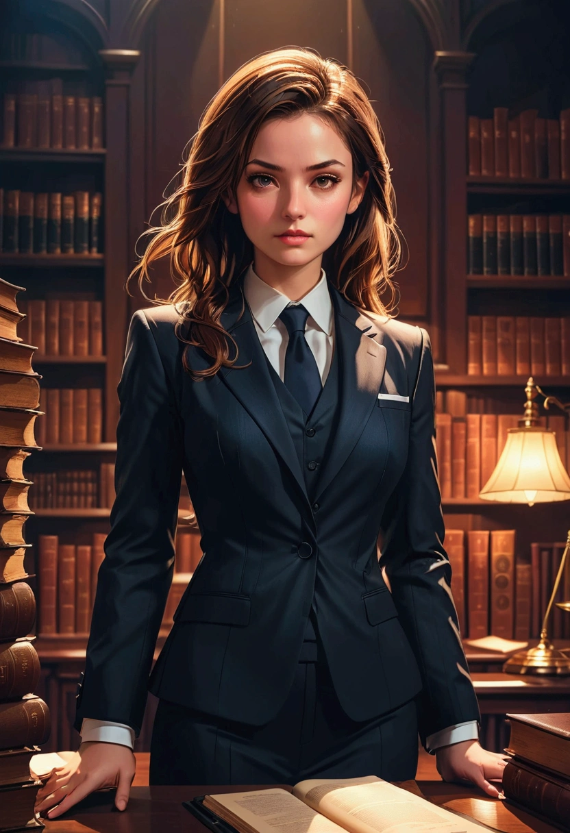 1girl, Lawyer, a lawyer in a courtroom, elegant formal suit, confident and professional expression, dramatic lighting, law books and documents in the background, cinematic composition, 8k, high quality, masterpiece, best quality, very aesthetic, absurdres