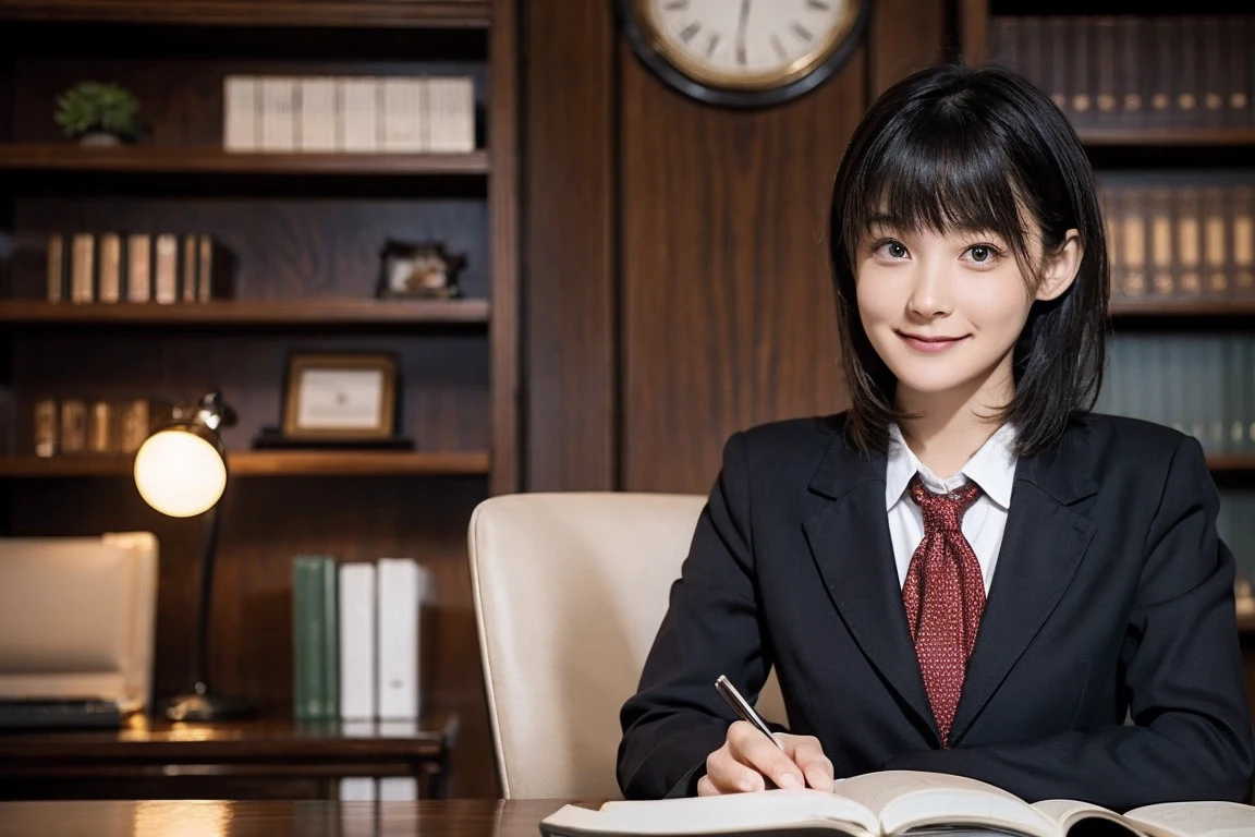 girl, alone, bangs, lawyer, high class law firm, Bookshelf, Desk lamp, Sit at a desk, Consulting with customers, Work on a laptop, smile