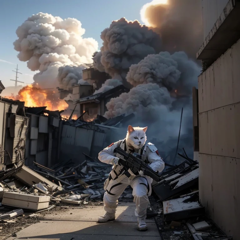 a man in a white suit holding a gun standing in front of the fire, cat attacking tokyo, winner of best photo of the year, still from a live action movie, apocalyptic 8k, apocalyptic 8k, Japanese VFX, ( apocalyptic ) 8k, take epic vfx, realistic apocalyptic war scene, in a post apocalyptic setting, cat warrior, stefan koidl