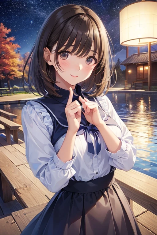 anegasaki nene、Shiny brown hair, short hair, (Beautiful brown eyes、Sparkling eyes, Fine grain)、smile、Ultra-detailed eyes、Highly detailed face, Highly detailed eyes,


(masterpiece、Highest quality、Highest quality、Official Art、Beautiful and beautiful:1.2)、
Highest quality、High resolution、Detailed Background、Beautiful face in every detail、Anatomically correct、(Draw the normal number of fingers:1.2)、Detailed facial expressions、Teenage Beauty、、Perfect body line、Cute hair color、Cute hairstyle、Romantic and cute atmosphere、Cute mood、Cowboy Shot、

Beautiful girl enjoying the starry autumn sky、
