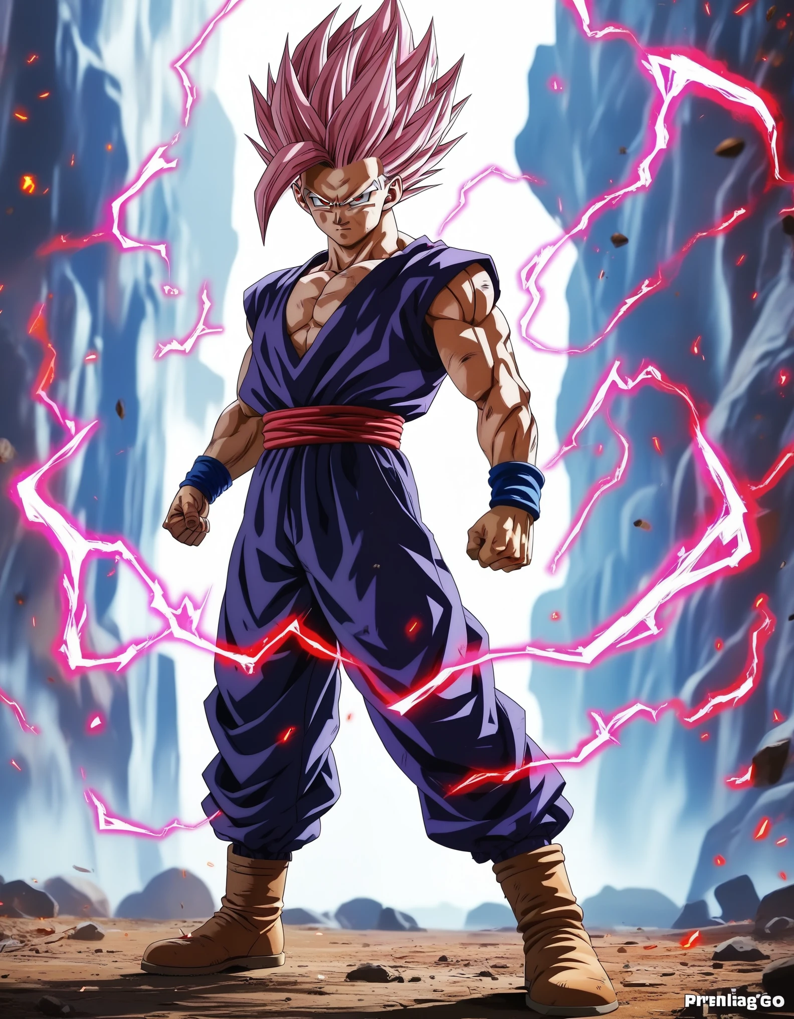 Vibrant, dynamic anime-style illustration featuring a muscular character Gohan with spiky pink hair, standing in a powerful pose. The character has a determined expression, with clenched fists and a strong stance. He is dressed in a white scarf, purple pants, and brown boots, with blue wristbands. The background is a mix of dark and bright colors, with a glowing aura surrounding the character, adding to the intense atmosphere. The image includes a watermark with the text 'JPRINNIAO' in a stylized font, located at the center of the image. The overall composition is energetic and dramatic, emphasizing the character's strength and power. anime, anatomically correct, super detail, high quality, 4K