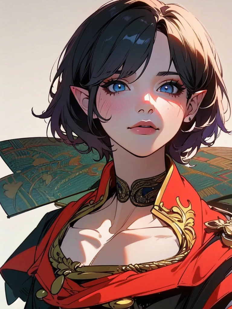 ((work of art, best qualityer)), 1womanl, (beautiful man1.4), 130 mmf1.4 lenses, standing alone, pointy ears, heart-shaped pupils, From above, skate, saturados, colorfully, Bblack hair, body hair (((1girl)), female focus, Masterpiece artwork, high qualiy, (Masterpiece artwork:1.2), (best qualityer:1.2), shining skin, realisitic, ornate, intricate, ((blackquality hair)), (short hair), blue colored eyes,bangss, hair between the eyes, chic, looking_at_viewer, holding_fan, red_eyeliner, FH, crazy eyes, gazing at viewer, constricted pupils, dynamic pose, (shadows cast over the face:1.3), dark bedroom, shadow room