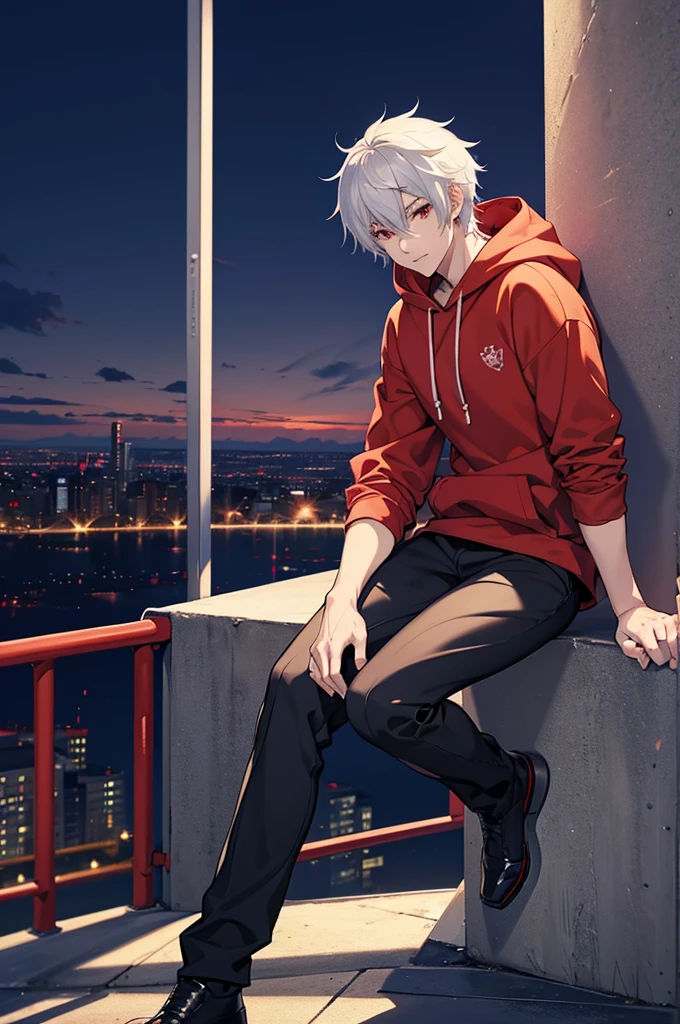 Male anime character, short white hair, red eyes, more details on face and eyes, wearing red hoodie, black pants, sitting, city, night, sitting on a wall in a city at night, best anime 4k , 4k anime wallpaper, anime style 4 k, badass anime 8 k, anime wallpaper 4 k, anime wallpaper 4k, anime art wallpaper 8 k, anime art wallpaper 4k, anime art wallpaper 4 k, anime style. 8k, high quality anime artstyle
