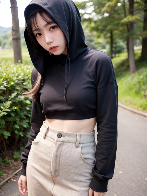 Super realistic, hdr, 4k, detailed, Hijab, Japanese girl, glow skin, flat face, Mole in lips, forest, black Hoodie