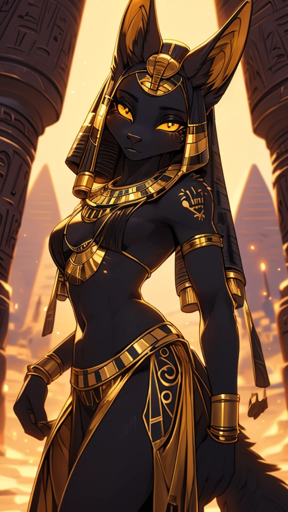 best quality masterpiece, the best definition to add aesthetic and lighting details Jackal black girl, egyptian clothing, teen girl, ,black body, ( the best definition in the body, good attributes, stylized body, slanted eyes, sensual look) egypt landscape, golden tattoo body, sensual eyes, yellow pupil