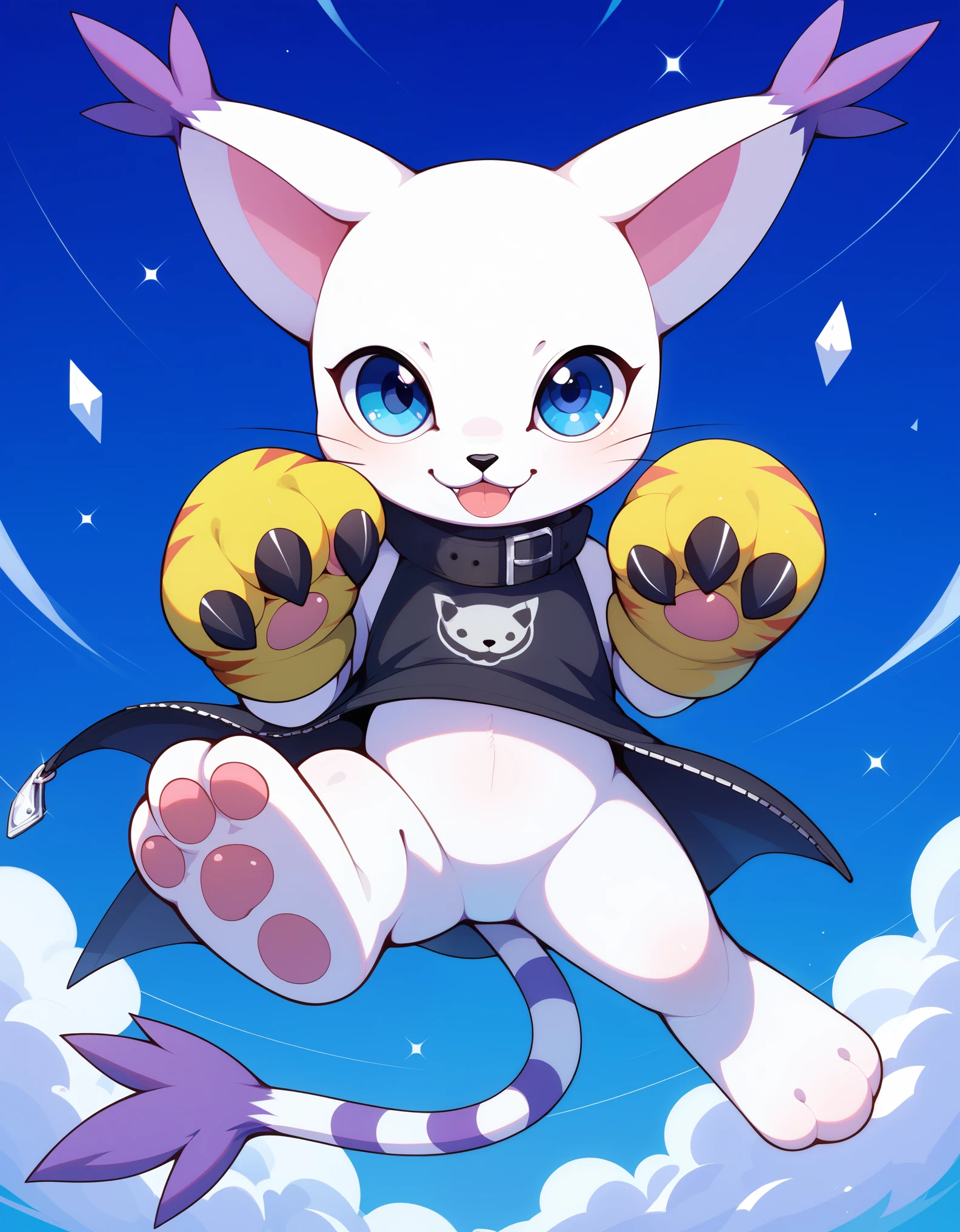 gatomon, feral, (digimon), solo, looking at viewer, blue eyes, white fur, striped tail, gloves, paw gloves, pawpads,,