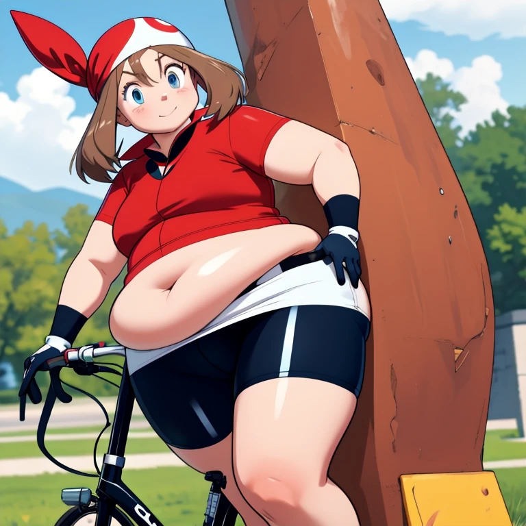 (masterpiece, best quality), 1 fat girl, pkmnmay, 1 fat girl, solo, blue eyes, brown hair, bangs, hair between eyes, red bandana,, short sleeves, red jacket, wing collar, white skirt, black shorts, bike shorts, bike shorts under skirt, white gloves, black gloves, two-tone gloves,