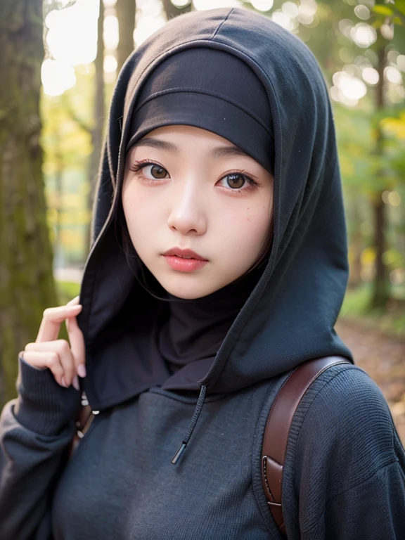 Super realistic, hdr, 4k, detailed, Hijab, Japanese girl, glow skin, flat face, Mole in lips, forest, black Hoodie
