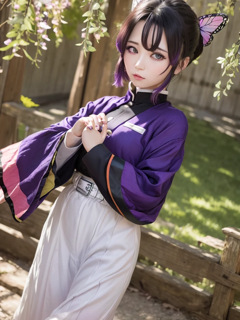 masterpiece, Highest quality, High resolution, One girl, alone, kochou shinobu, Butterfly Hair Ornament, Purple eyes, Multicolored Hair, short hair, Parted bangs, Haori, Wide sleeves, Long sleeve, Black trousers, Black jacket, belt, Cowboy Shot, Have a weapon, sword
