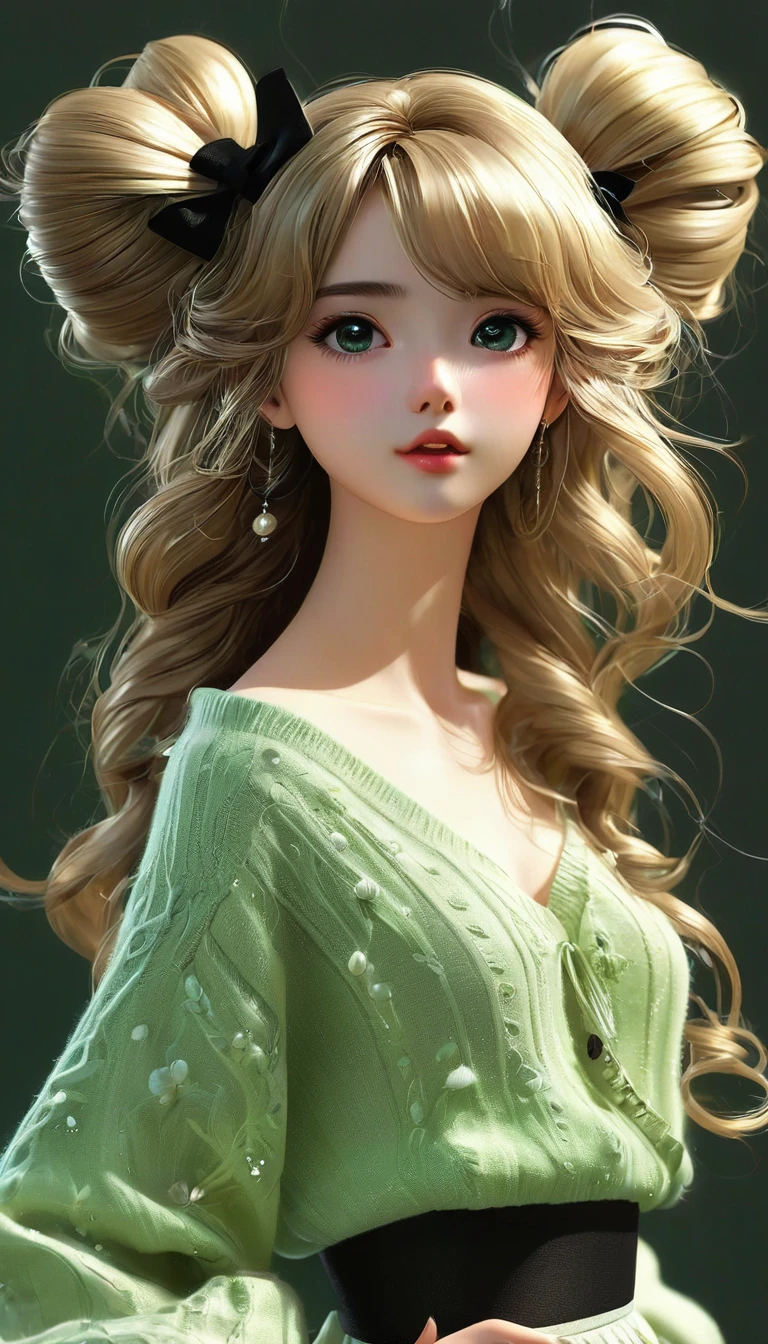 CG K Ultrarealistic ,((premium、8k、32K、masterpiece、NffSW:1.3)), (superfine illustration)、(super high resolution), (((adult body))), (masterpiece, Best Quality:1.2),a beautiful girl，Skin details processing..，The eyes are finely described..，delicate hair，long wavy hair，long light hair，She has a big bow on her head.，black sweater，white dots，Skirt，green，clean background