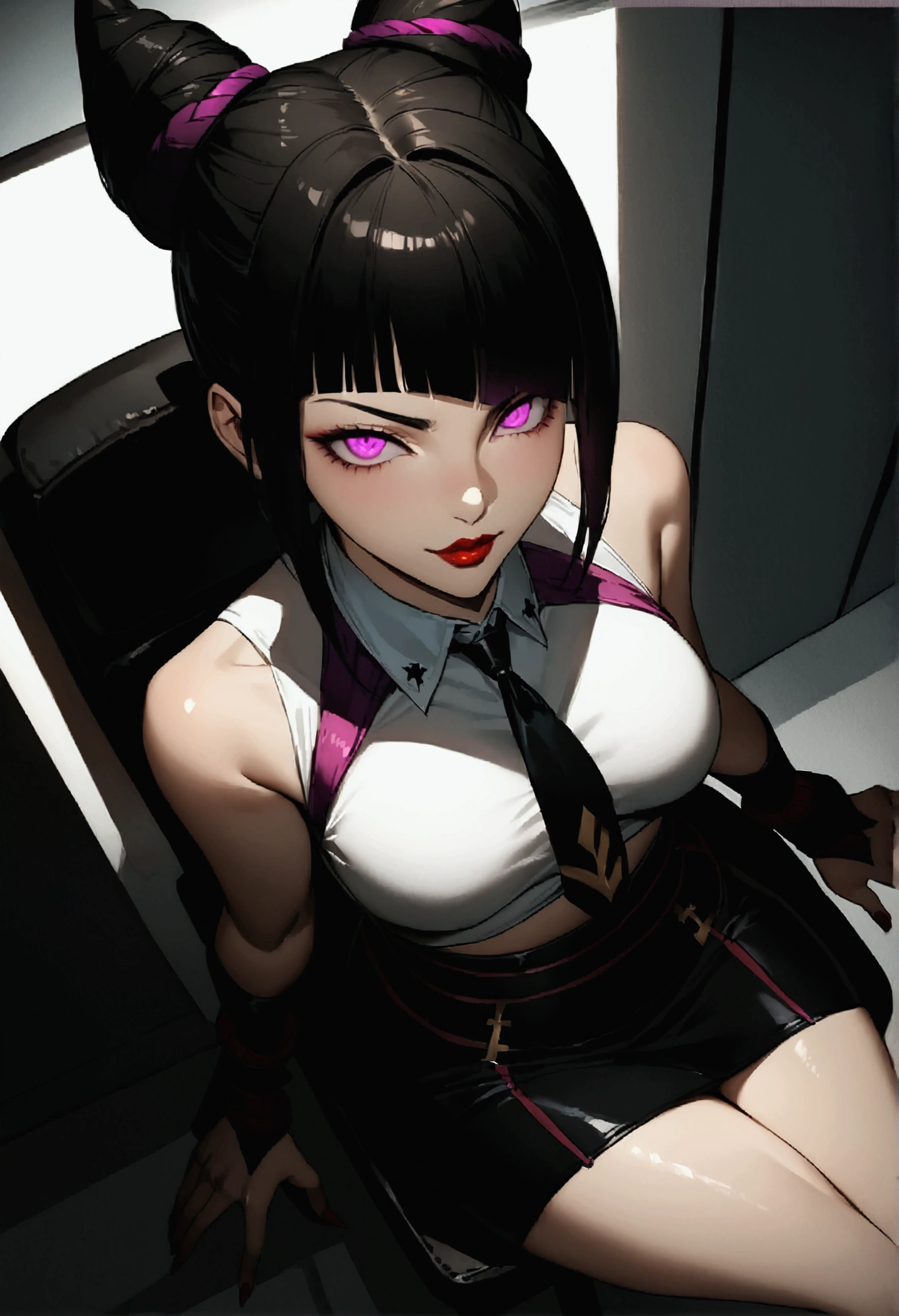 juri han, work of art, tight white secretary shirt with black tie, black high waist skirt, short skirt,stocking, black hair, black tightscary sun,office,bangs on the eyes,Lighting,horn of hair,view from above,staring overhead,evil smile,sitting,cross legs,glowing purple eyes,red lips,The eyes